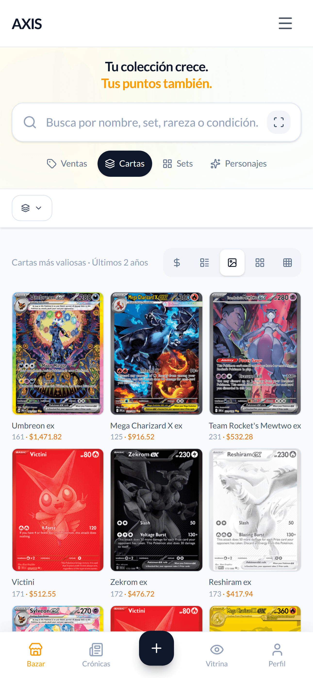 Cartas más valiosas en el Bazar AXIS TCG